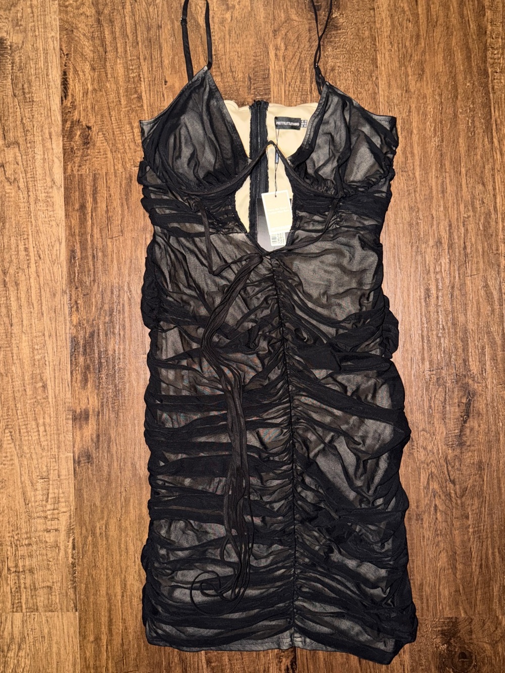 PrettyLittleThing Black Ruched Mesh Camisole Dress